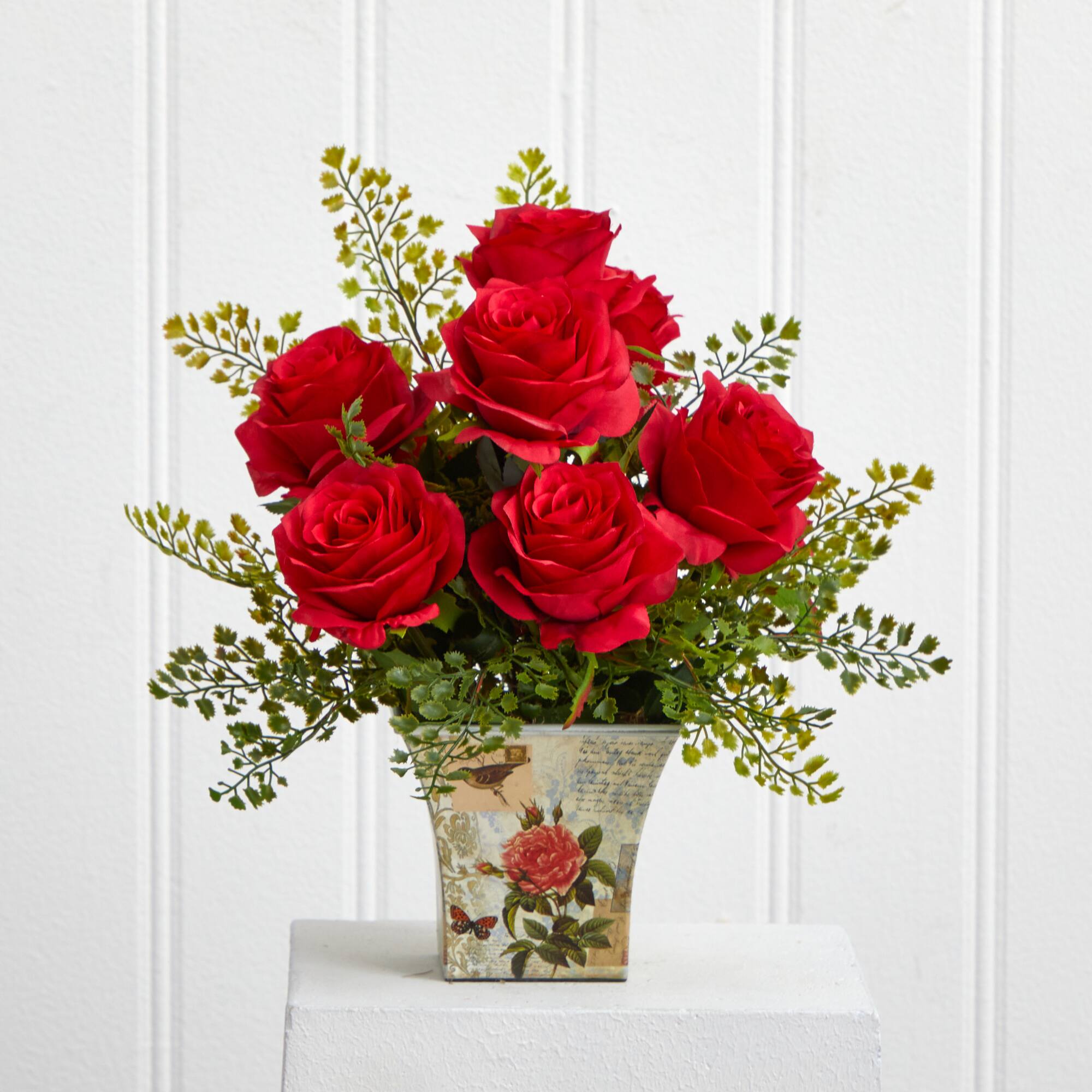 13" Red Rose & Maiden Hair Arrangement in Floral Planter